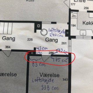 Plantegning med bærende væg der skal fjernes i bolig i Taastrup