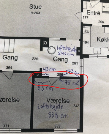 Plantegning med bærende væg der skal fjernes i bolig i Taastrup