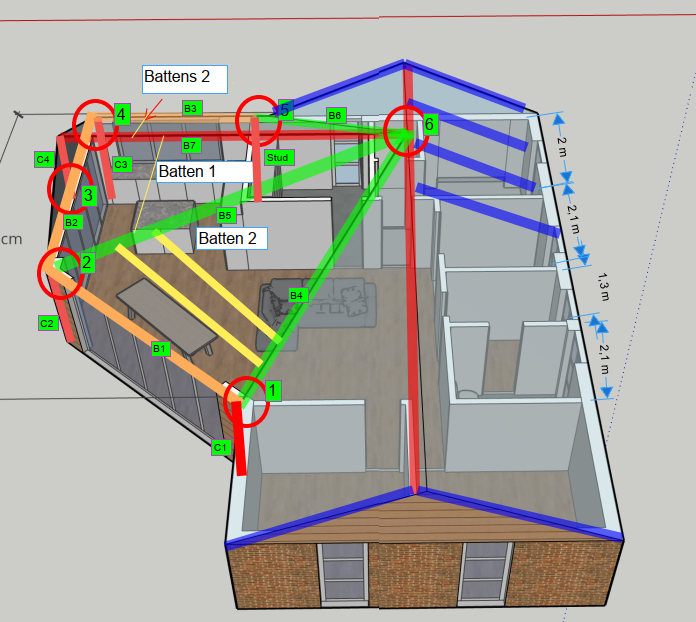 3D-model af tagkonstruktion med ændring af gitterspær i Vemmelev