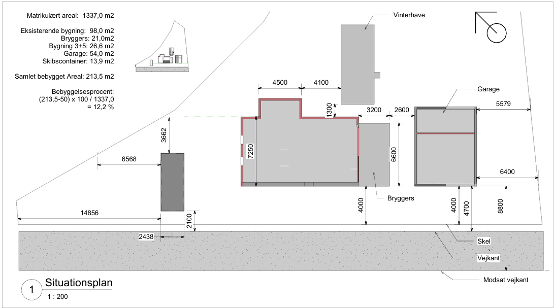Situationsplan for ombygning med vinterhave, garage og bryggers i Nyrup