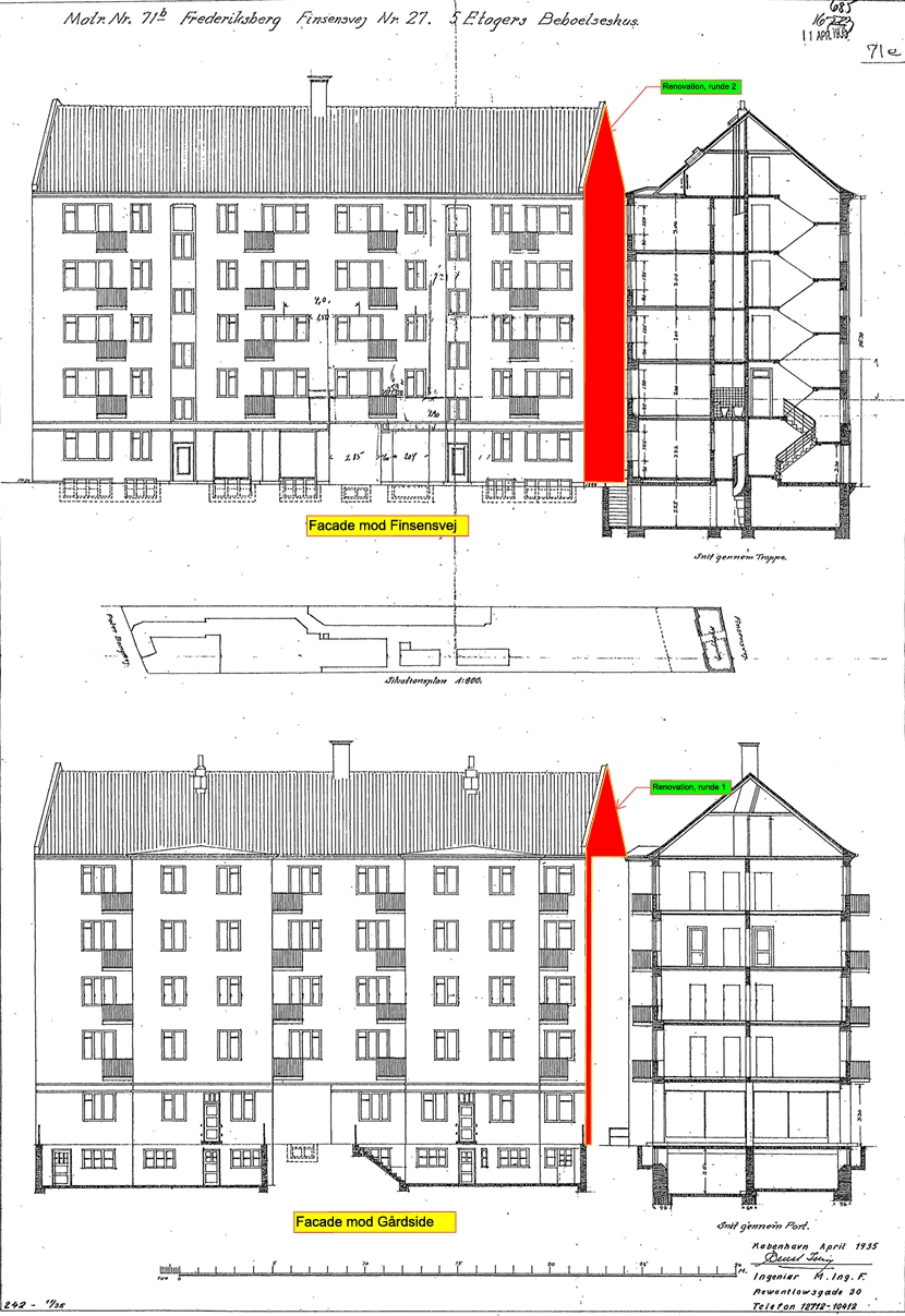 Facadeplan for gavlrenovering af etageejendom på Frederiksberg