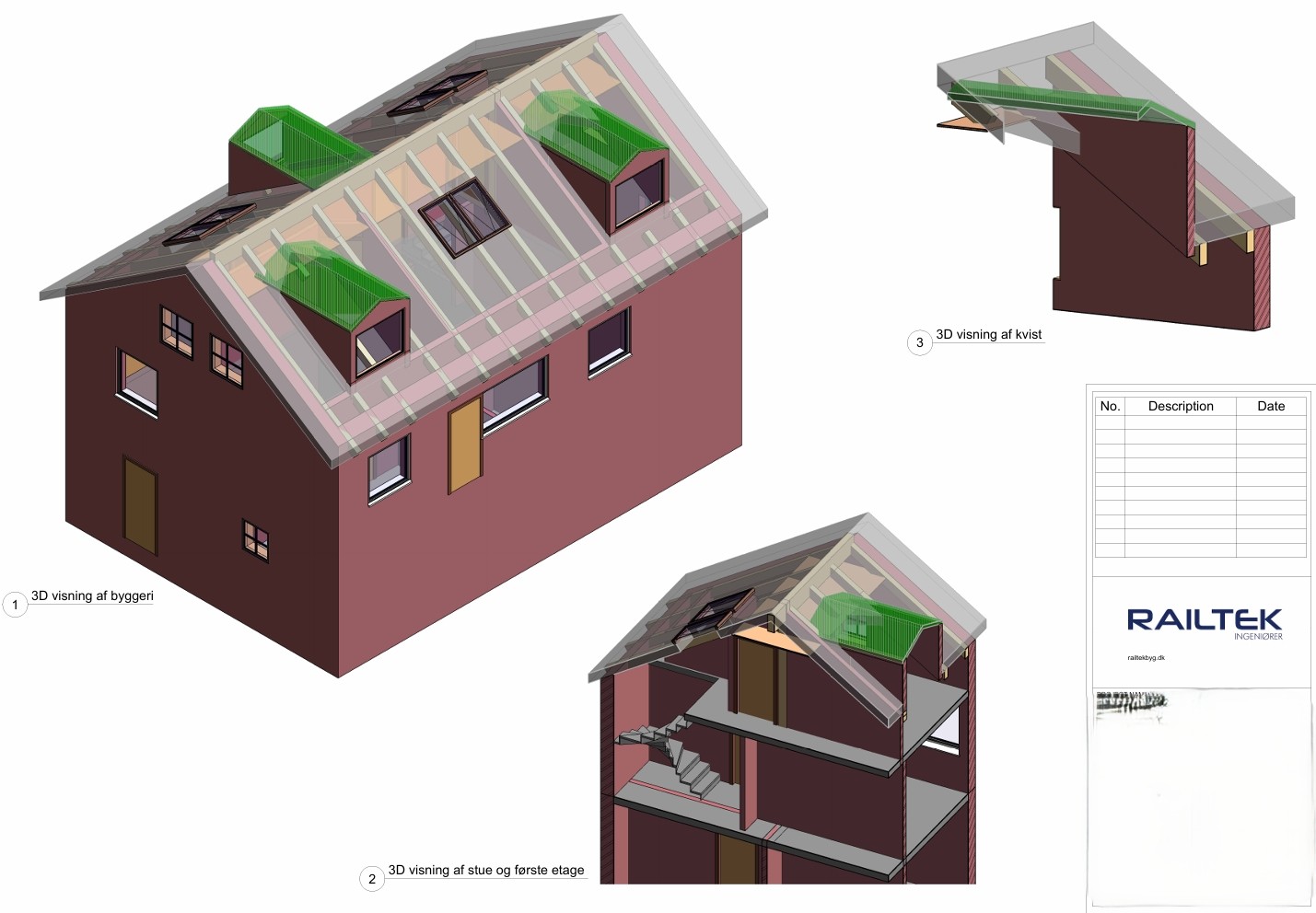 3D-visualisering af villa med nye tagkviste i Helsinge